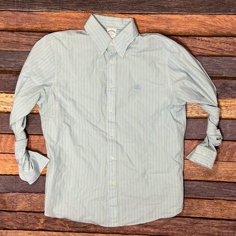 Brooks Brothers Regent Striped Green Mens Dress Button Long Sleeve Down Shirt